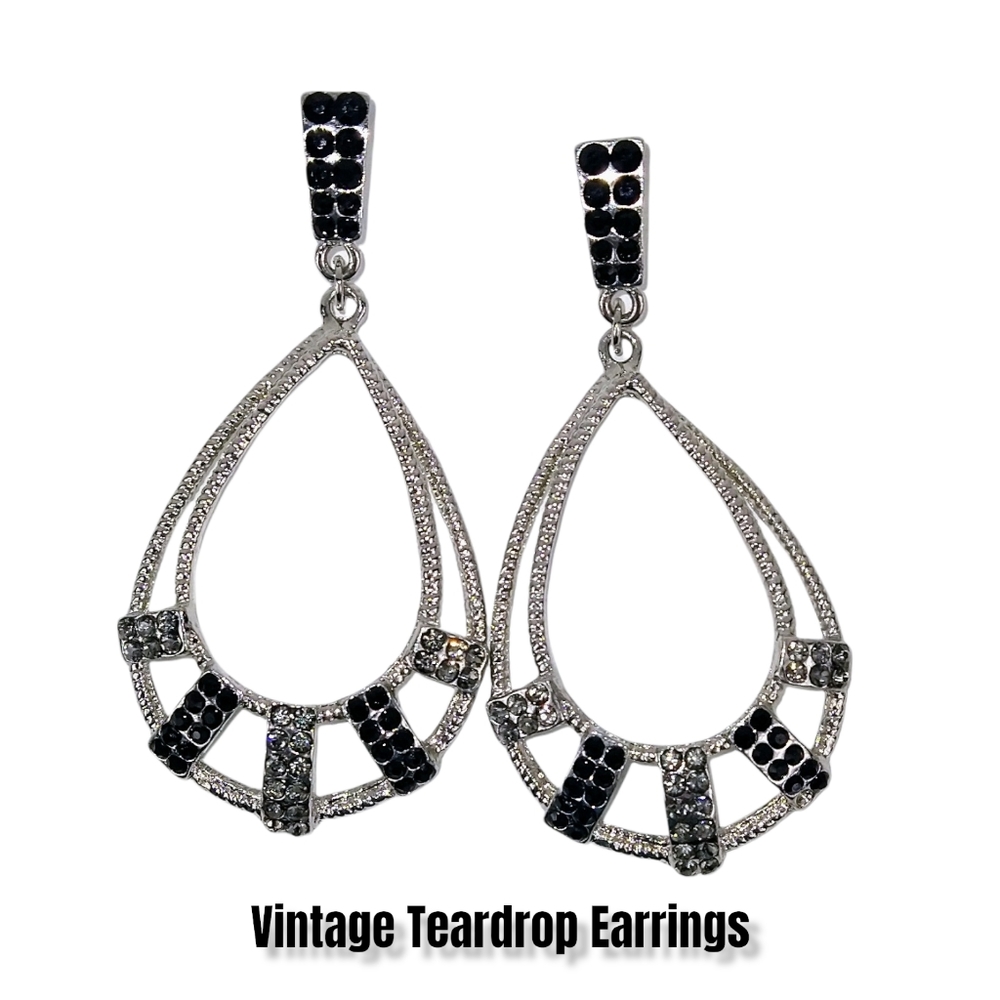 Just Sold! Vintage Teardrop Earrings with Black and Silver Crystal Stones.